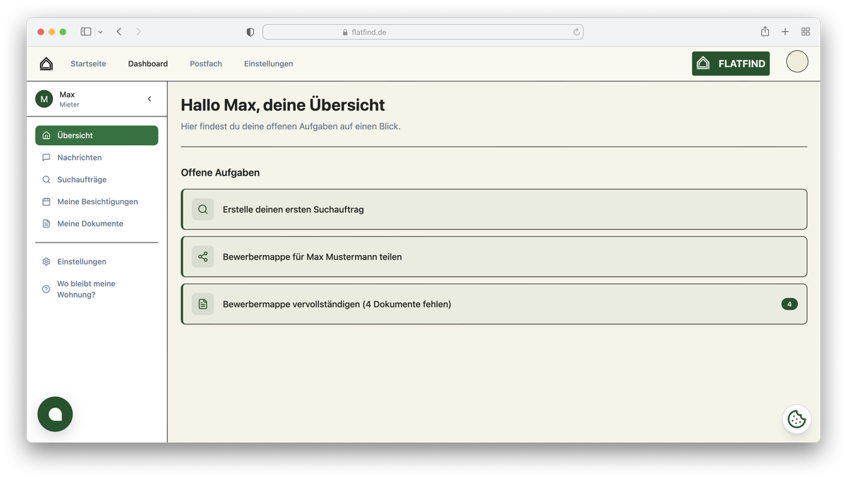Flatfind Dashboard Übersicht im Safari Browser