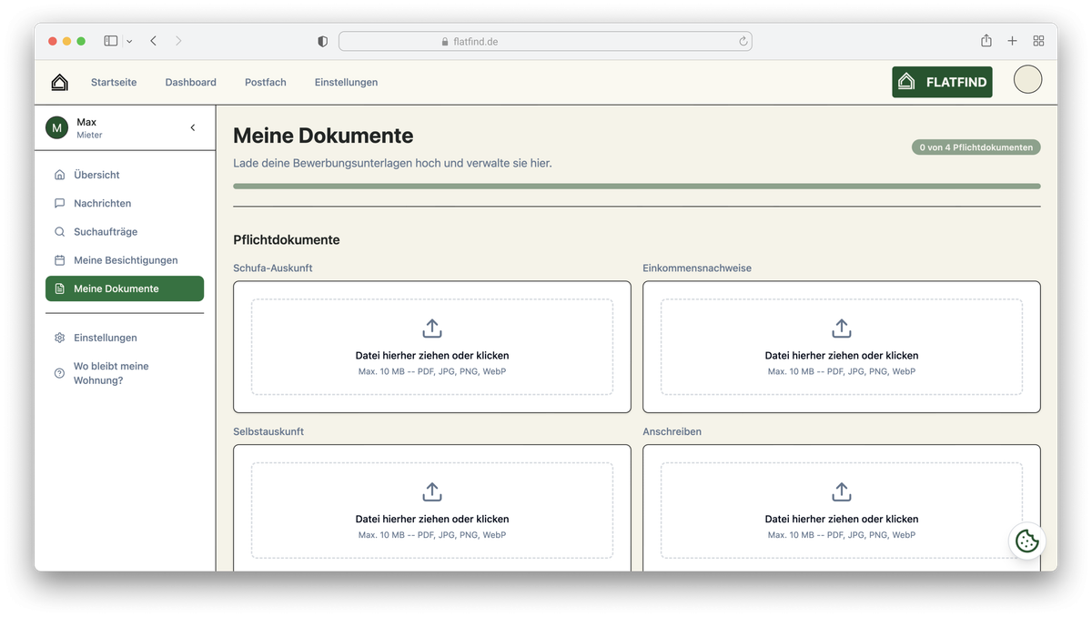 Flatfind Dokumentemanager im Safari Browser